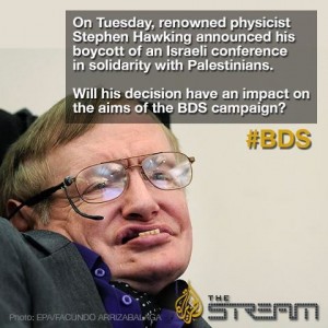Ovlivní Hawkingovo rozhodnutí strategii kampaně BDS? (Zdroj: Al Jazeera, facebook)